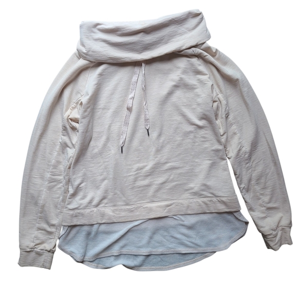 Cowl Neck Pullover Hoodie M Beige Mesh Hem High Low Sweatshirt Relaxed Fit Top - Picture 3 of 9
